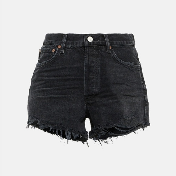 Agolde Black Distressed Denim Shorts - Picture 1 of 10